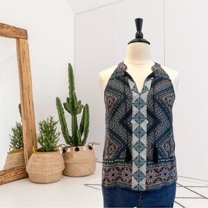 Ella Moss Sleeveless Tassel Geometric Silk Top